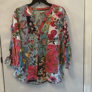 John Mark Floral Patchwork Blouse in Blue, Pink, Green